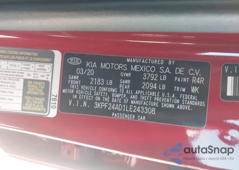 2020 Kia Forte Lxs from USA, damaged, VIN 3KPF24AD1LE243308